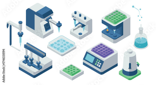 Isometric laboratory equipment design with modern scientific devices and instruments