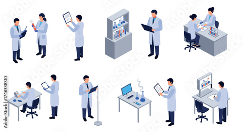 Isometric scientists in lab: research, analysis, and technology scenes