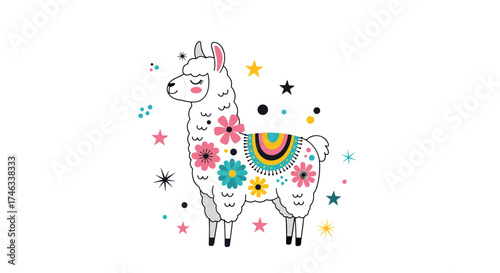A cute decorative llama adorned with flowers and colorful accents. 
