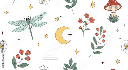 Whimsical forest creatures and celestial motifs adorn this enchanting design.