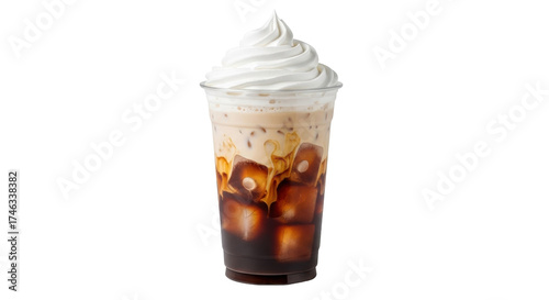 Isolated iced coffee with whipped cream served in plastic cup, delicious cold drink treat