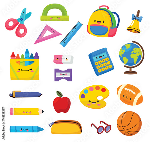 School supplies. School elements for kids, educational supplies. Back to school supplies. Vector illustration.