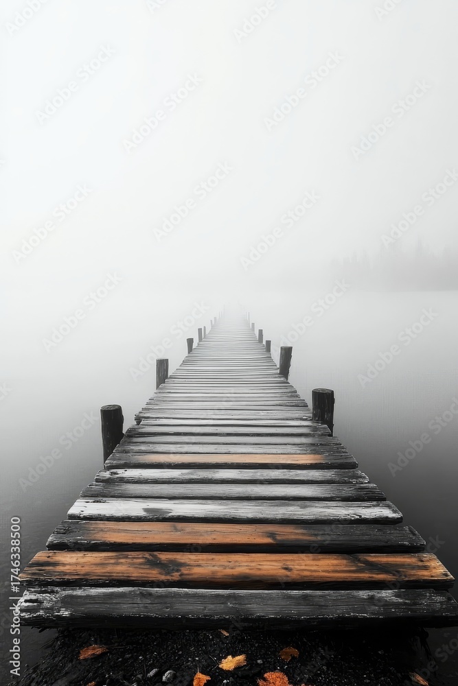 Obraz premium Serene landscape view with a timber pier disappearing into rising mist over a tranquil waterbody