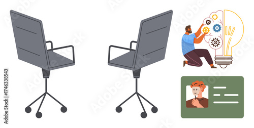 Two office chairs, a person assembling gears inside a lightbulb, and an ID card. Ideal for teamwork, brainstorming, innovation, problem solving, office design productivity and identity. Simple flat