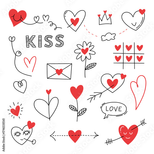 Doodle style love themed elements for valentine day designs vector