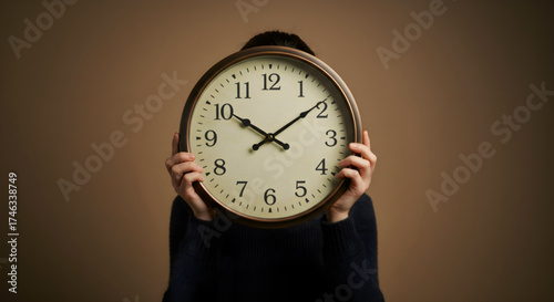 Female figure in a black sweater obscuring her face with a round clock on a neutral beige background
