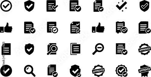 Approval and validation glyph icons set. Vector illustration in modern style of quality check related icons such as verified documents, tick signs, approved seals, and thumbs up.
