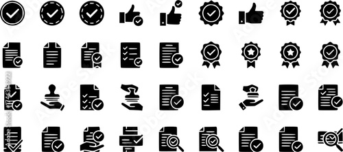 Approval and validation black glyph icons set, includes check marks, documents, thumbs up, stamp, certificate and other quality control signs.