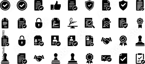 Contract agreement line icons set with document approval, signature, protection and stamp in glyph style for web design.