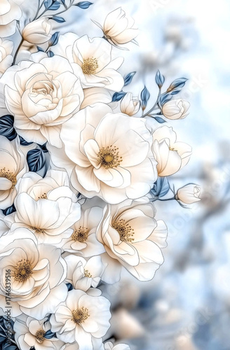Line art drawing of white roses, light gray background, bokeh effect, clipart with space for text in the center
