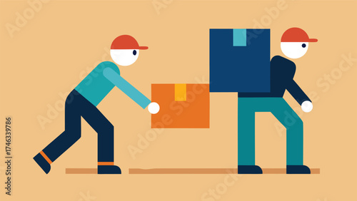 Two delivery workers in uniform carrying boxes for shipping and logistics services