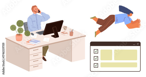 Man working at desk on phone, surrounded by digital screen with tasks and flying abstract creativity figure. Ideal for productivity, innovation, remote work, creativity, workflow, multitasking