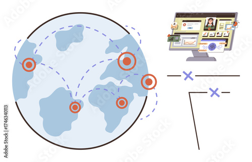 Globe with connection points, dashed lines linking regions, computer monitor showing virtual interface. Ideal for network, communication, remote work, globalization, technology, collaboration