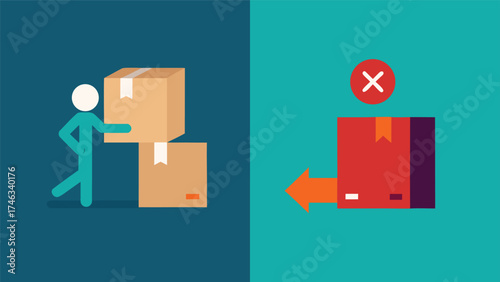 Cartoon character delivering packages and a damaged box with a red cross symbol indicating a problem