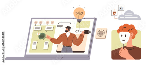 Teacher explains innovative ideas on laptop screen with engaging visuals while a person reveals their identity. Ideal for education, creativity, identity, technology, self-awareness, innovation