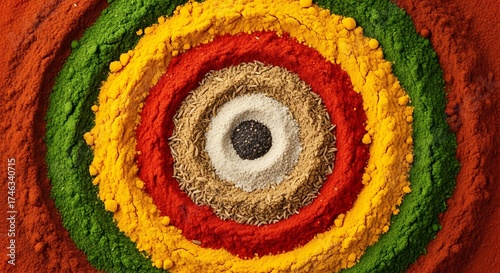 Fototapeta Naklejka Na Ścianę i Meble -  Culinary spice kaleidoscope showcasing an array of vibrant powder layers