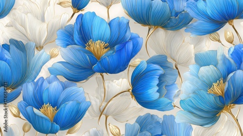 Elegant blue flower pattern design against a white background floral digital art