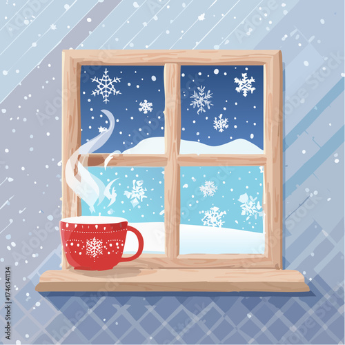 Christmas Winter Window Sill with Hot Chocolate Mug and Snowfall