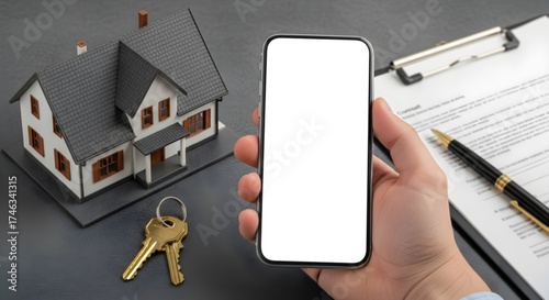 Hand holding a smartphone with a blank white screen, next to a model house and contract documents
