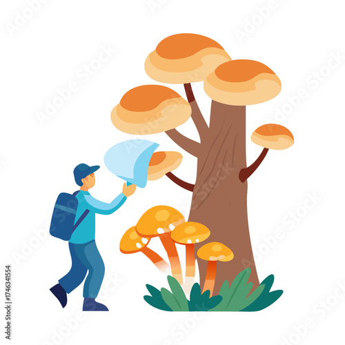 Edible honey fungus (Kuehneromyces mutabilis) grows on a tree in the forest. Mushroom picking.