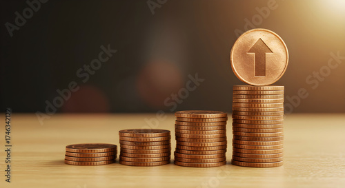 Increasing stacks of bronze coins with a final coin showing a rising arrow, symbolizing financial growth