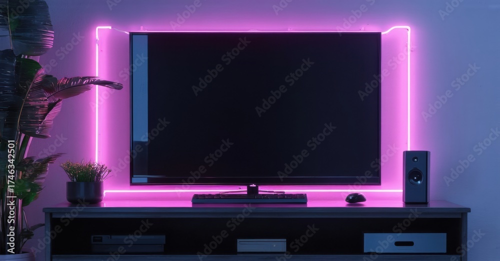 Fototapeta premium Modern entertainment setup. Television illuminated by vibrant pink lights. Console, keyboard, mouse present. Plant adds natural touch. Dark room ambiance.