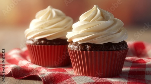 Two delicious chocolate cupcakes topped with creamy vanilla frosting, placed on a red checkered tablecloth.