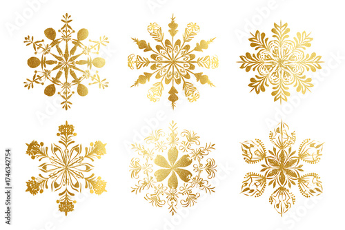 Golden snowflakes, festive winter elements on transparent background