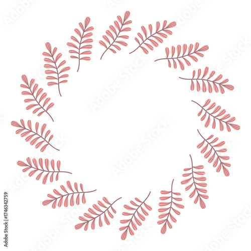 Pink Branches Circle Frame. Cute hand drawn Botanical round border with blush leaves. Kawaii Romanic template for cards and invitations. Vector illustration