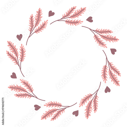 Muhlenbergia and Hearts Wreath. Pink Hairawn Muhly Branches Chaplet with romantic Love symbols. Hand drawn Blush Botanical Frame for wedding invitation and Valentines day card design.