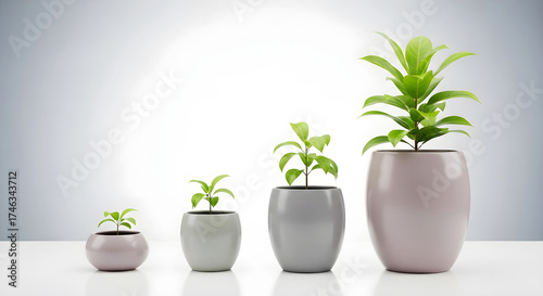 Progressive stages of green plant growth in different sized pots, representing development and evolution