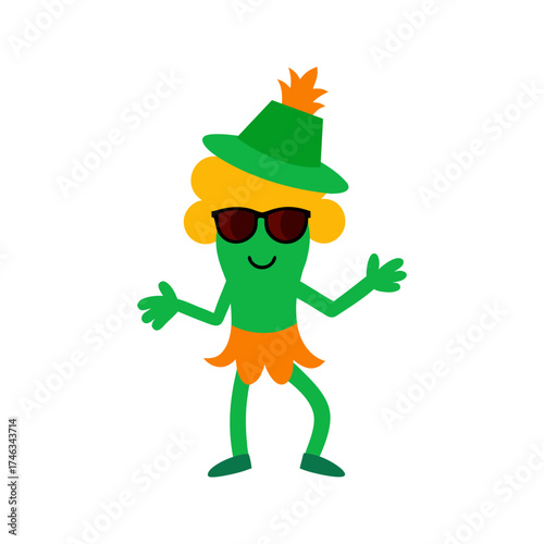 Vector art of a whimsical cartoon character resembling a green alien or creature, wearing sunglasses and a green hat with orange accents, dancing and isolated a