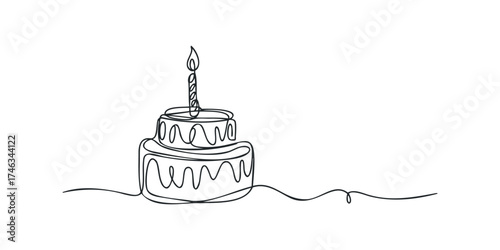 Continuous line drawing of a tiered cake with a lit candle