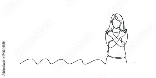 Woman hugging herself in continuous line drawing