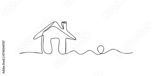 Single line drawing of a house with chimney