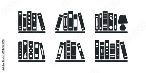Six shelves with minimalist book icons
