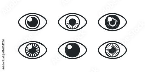 Set of Six Stylized Eye Icons Black and White
