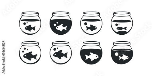 Collection of Eight Fishbowl Icons with Single Fish