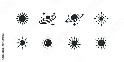 Collection of celestial bodies and sun icons