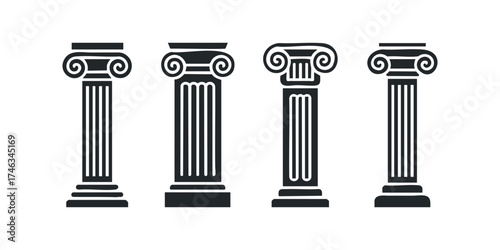 Four Ionic Columns Against White Background