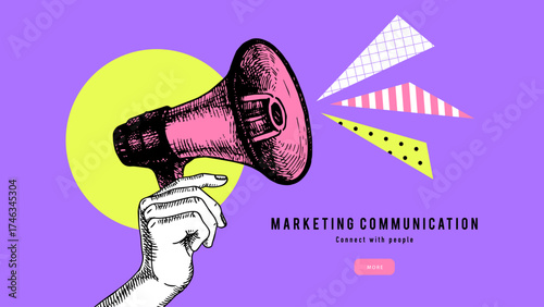 Trendy art collage of sketch hand with megaphone. Communication, marketing, politics elections concept. Retro hand drawn vector illustration.