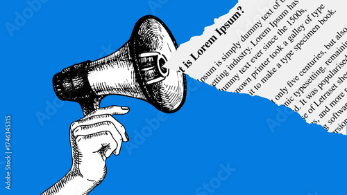 Trendy art collage of sketch hand with megaphone and torn paper. Communication, marketing, spreading information concept. Retro hand drawn vector illustration.