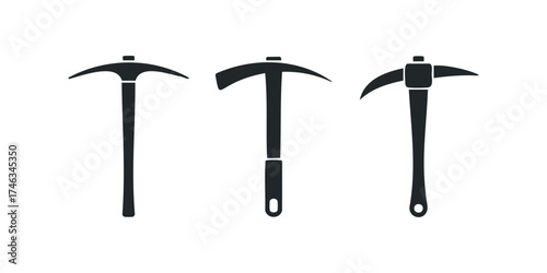 Three silhouette pickaxes on white background