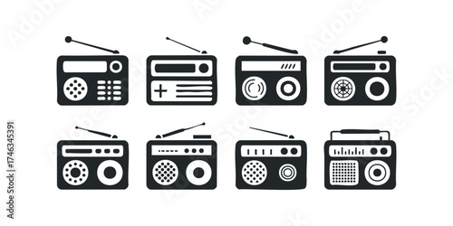 Collection of vintage radio silhouettes with antennas