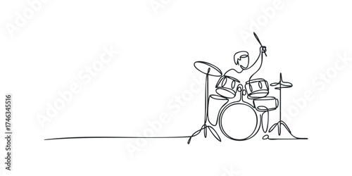 One Line Drawing of a Drummer Playing Drums