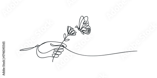 Single line drawing of a hand holding a flower with a butterfly