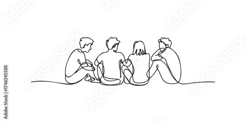Four people sitting together in a minimal line art style