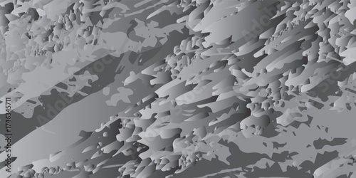 Abstract grayscale pattern with fragmented textured shapes and varying shades of gray creating a dynamic and chaotic visual effect.