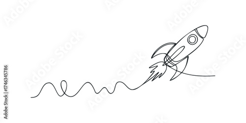Minimalist rocket ship ascending with smoke trail
