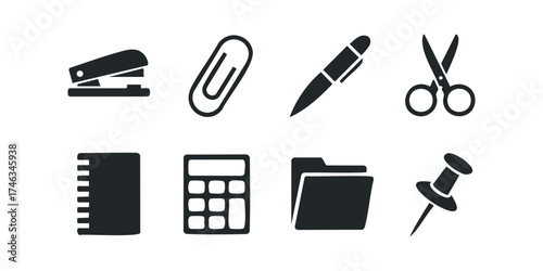 Office supply icons a stapler paperclip pen scissors notebook calculator folder and pin